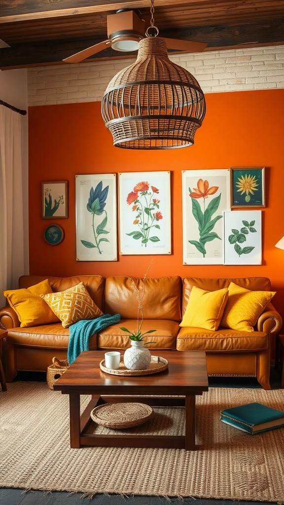 Cozy retro boho living room featuring earthy tones and colorful accents.