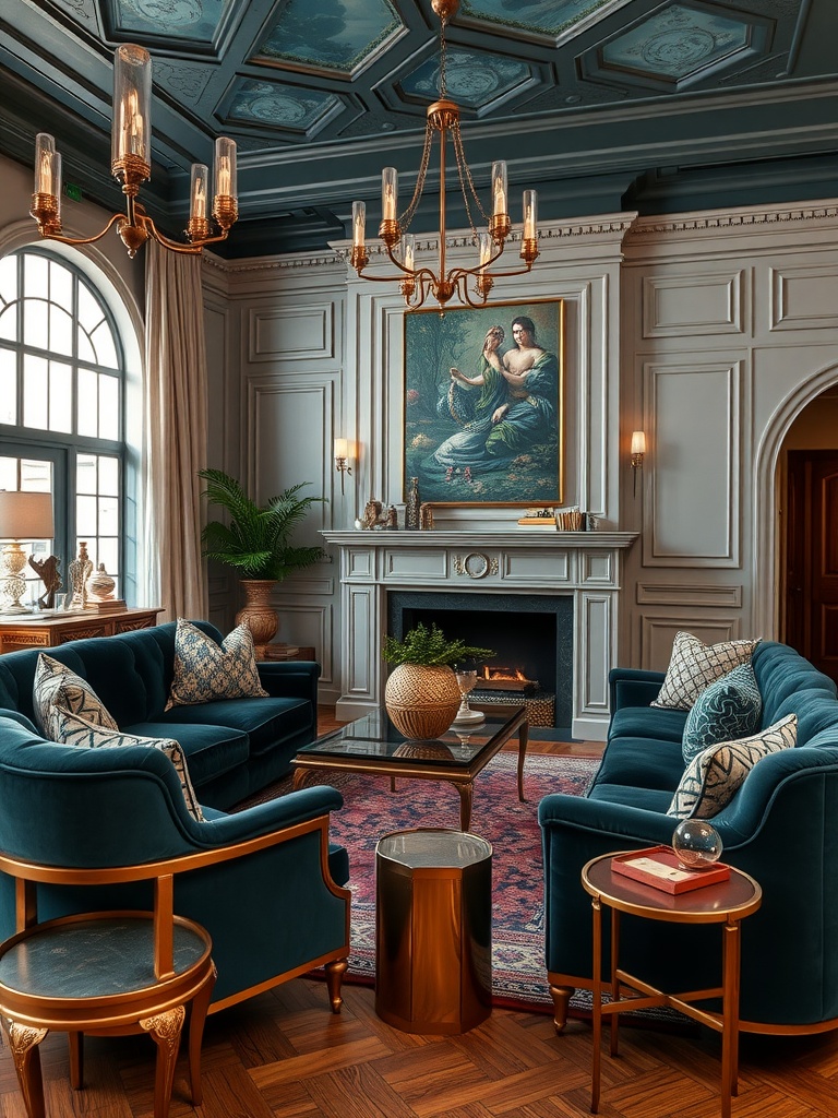 A cozy living room featuring deep blue velvet sofas, a copper coffee table, elegant lighting, and a stunning artwork above the fireplace.