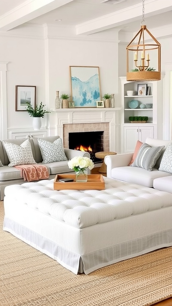 A coastal farmhouse living room featuring a tufted linen ottoman, light-colored sofa, and decorative items.