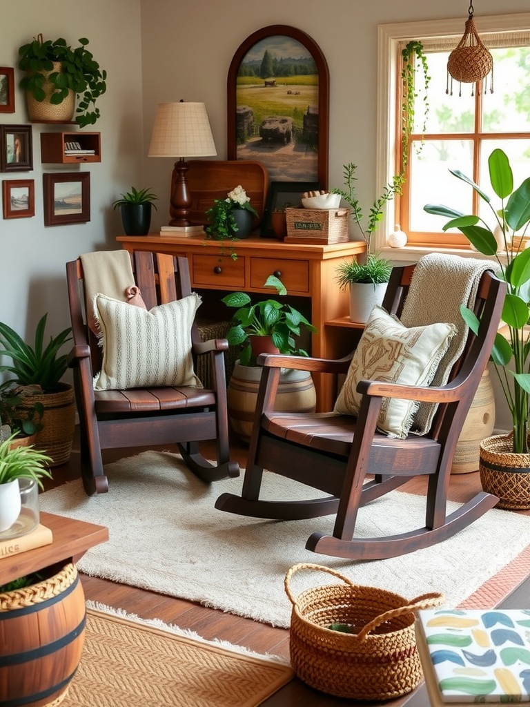 Two wooden rocking chairs with a soft pillow, surrounded by plants in a cozy living room