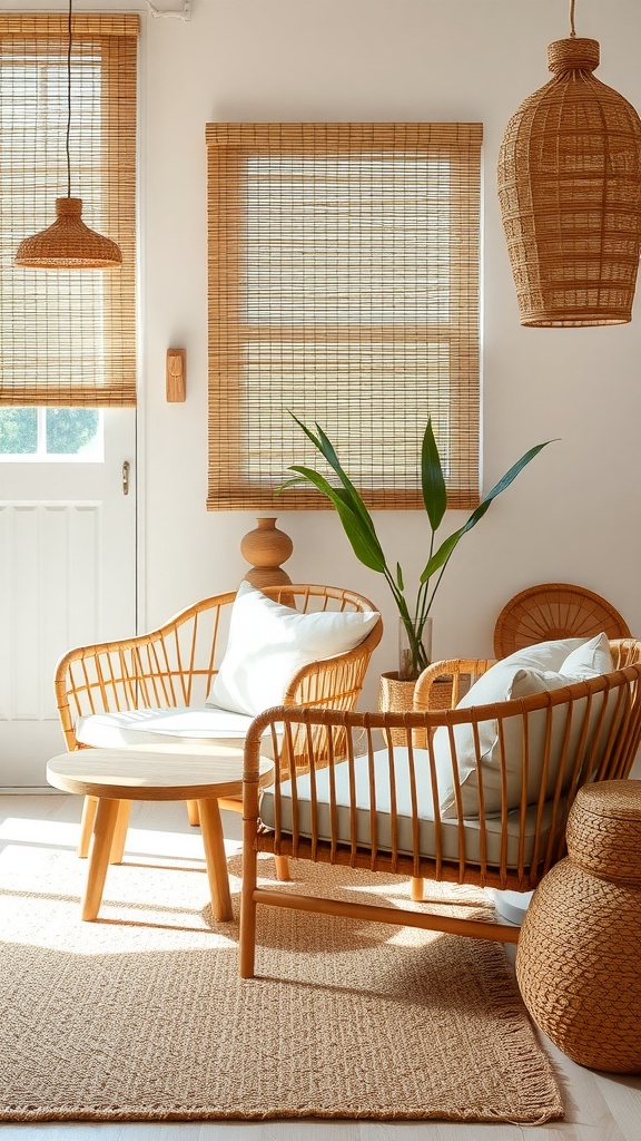 A cozy Japandi living room featuring woven rattan chairs, natural light, and a potted plant.