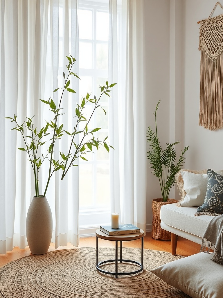 A tranquil living room featuring bamboo plants, soft curtains, and cozy seating.