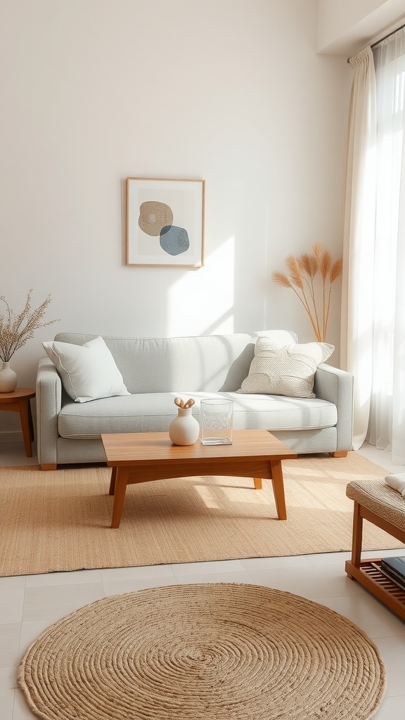 A cozy Japandi living room featuring a light grey sofa, wooden coffee table, round jute rug, and neutral decor.