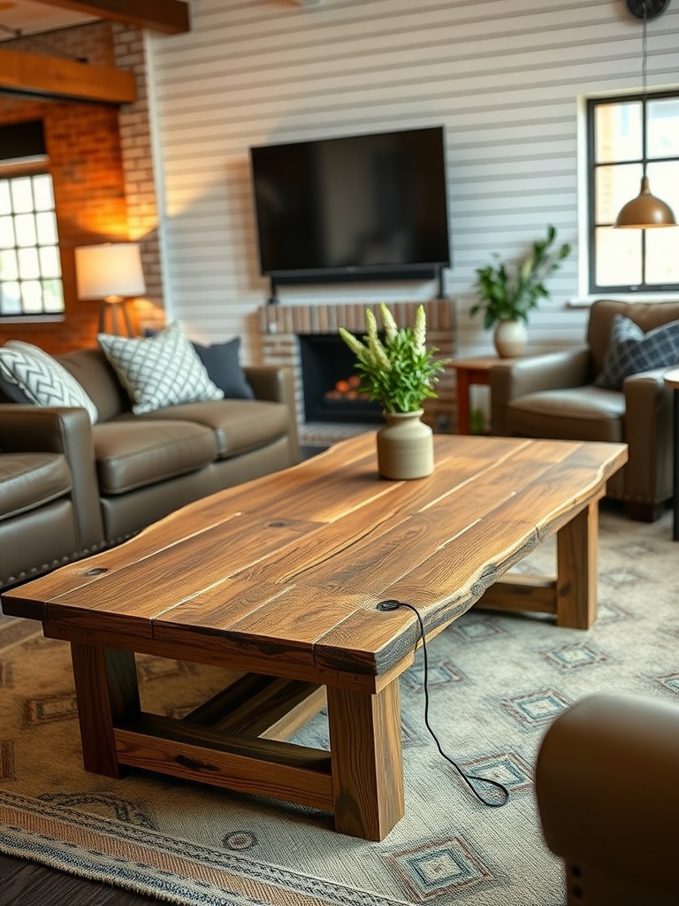 A cozy industrial farmhouse living room featuring a reclaimed wood coffee table surrounded by leather seating and warm lighting.