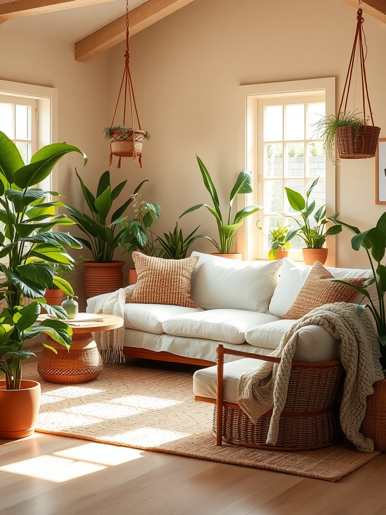 A boho farmhouse living room with a white sofa, plants, and natural decor elements.