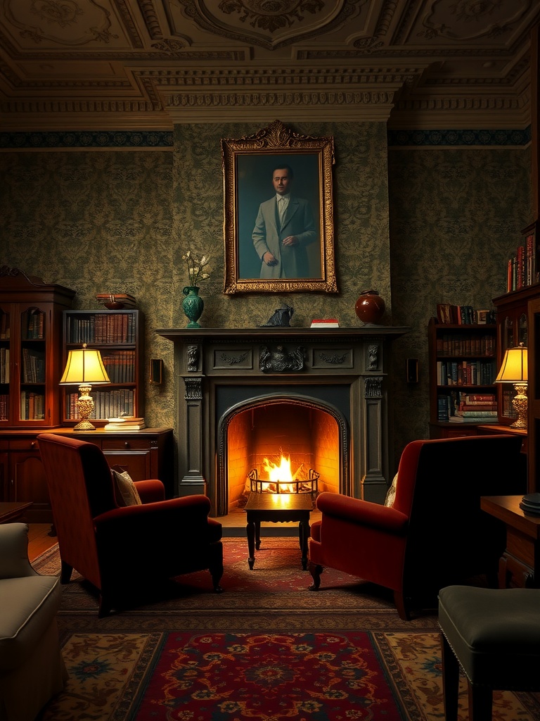 A classic English living room featuring a fireplace, red armchairs, and a portrait above the mantel.