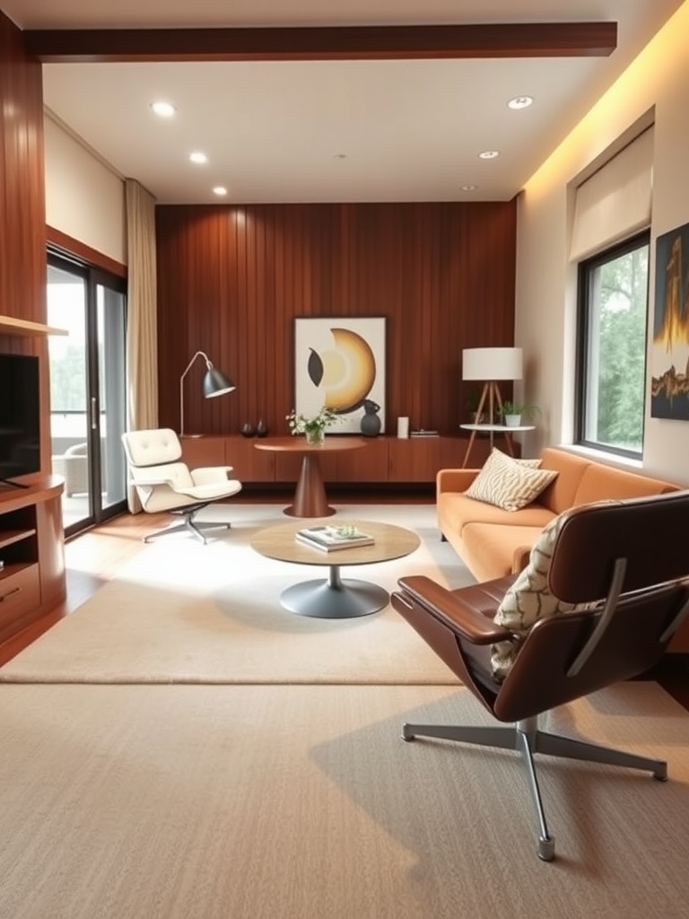 A mid-century modern living room featuring a warm wood paneling, an orange sofa, a stylish coffee table, and geometric artwork.