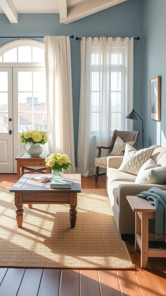 Coastal farmhouse living room with soft blue walls, weathered wood furniture, and a cozy vibe.