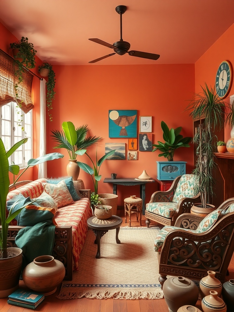 A cozy living room featuring terracotta walls, eclectic furniture, vibrant cushions, and lush indoor plants.