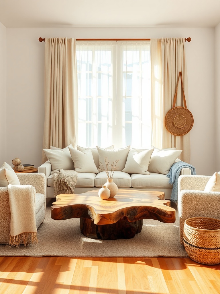 Cozy modern living room with neutral hues, wooden coffee table, and soft textures.