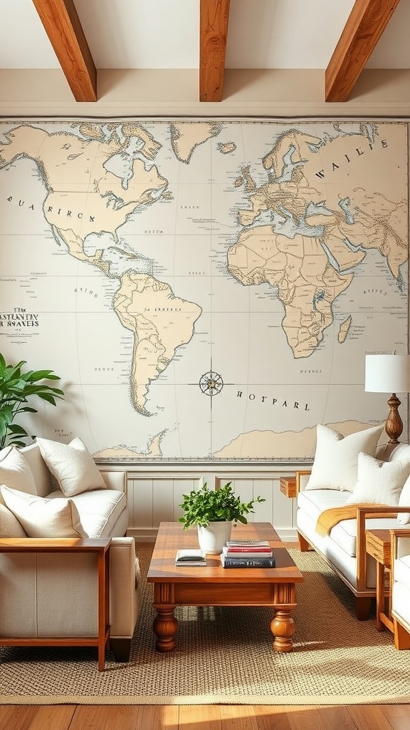 Living room with a large nautical map on the wall, wooden furniture, and a cozy atmosphere.