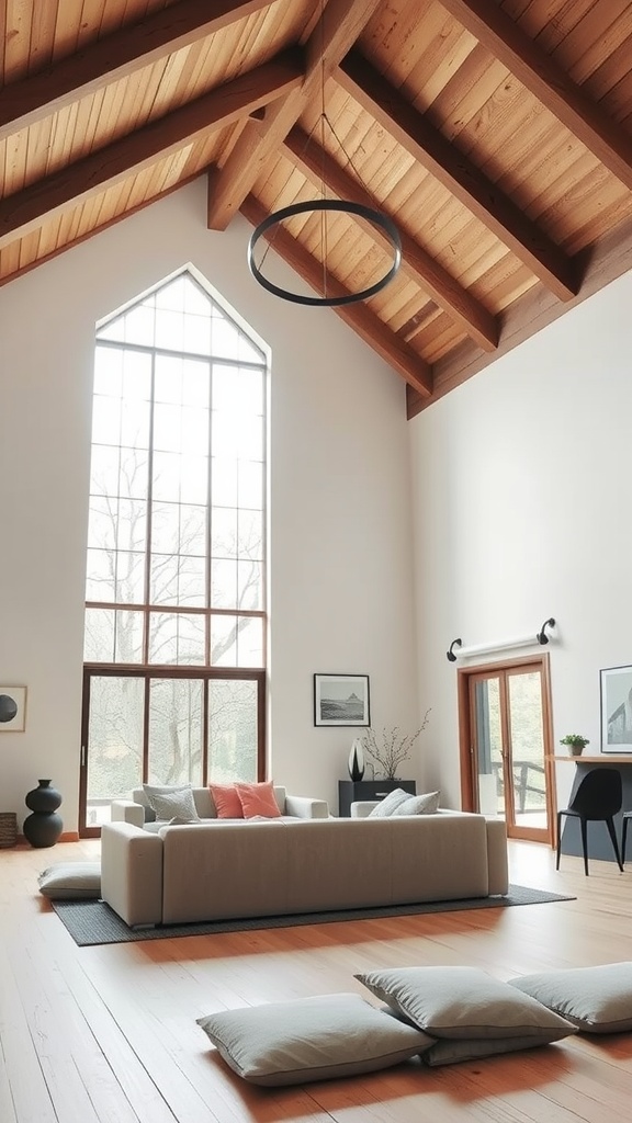 A spacious Japandi living room with high wooden ceilings and large windows, featuring a minimalist design.