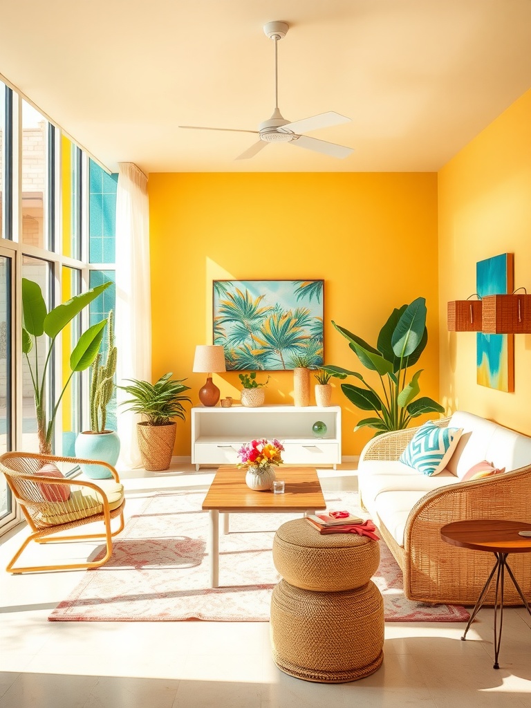 A bright Mid-Century Modern living room with yellow walls, large windows, and tropical plants.