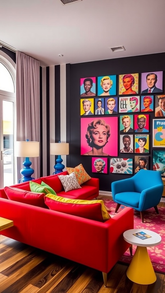 A colorful modern living room featuring a red sofa, yellow chairs, and a gallery wall of pop art.