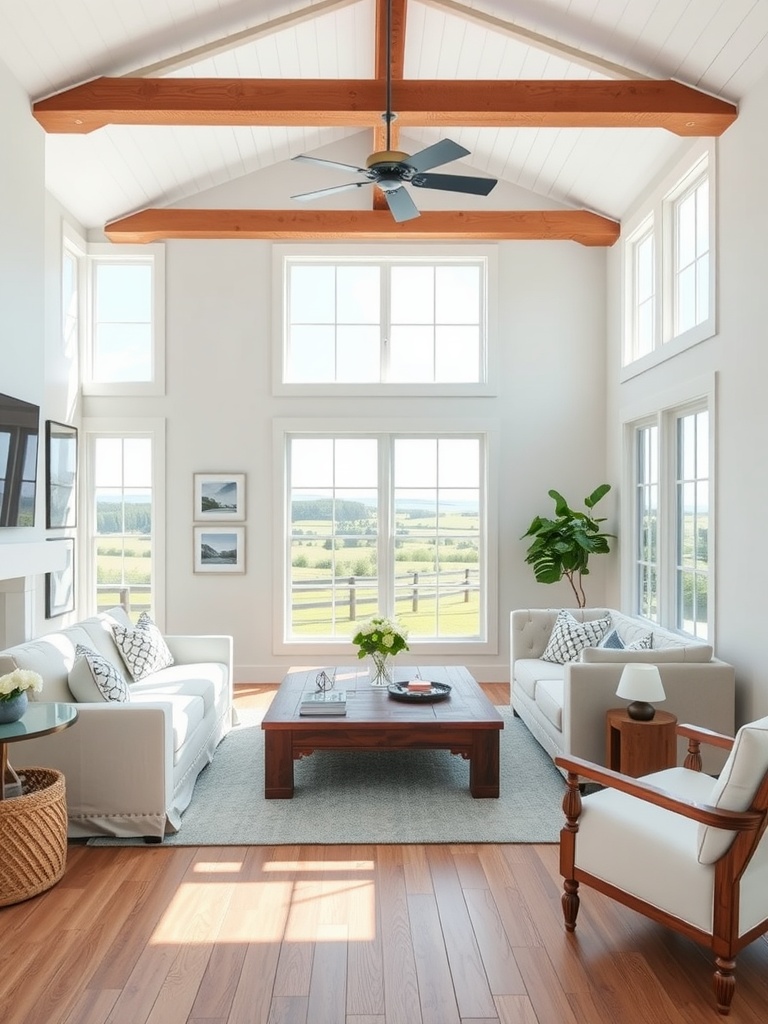 A modern farmhouse living room with white walls, brown wooden beams, large windows, and a cozy seating arrangement.