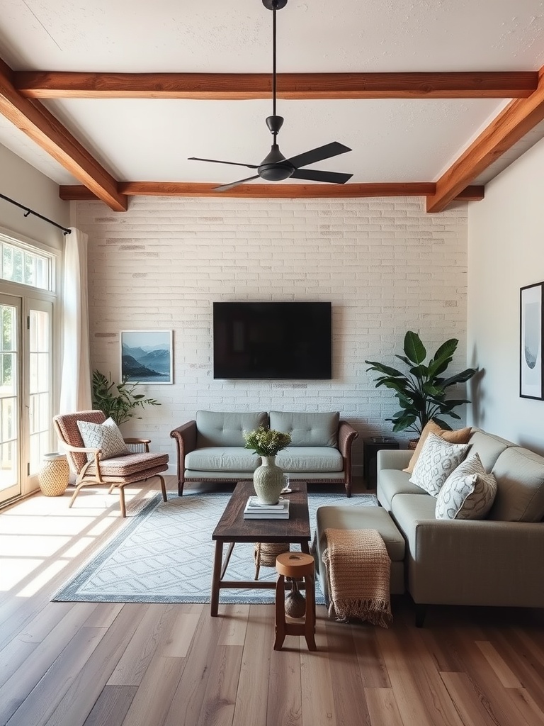 A serene living room featuring neutral tones, a brick wall, wooden beams, and comfortable seating.