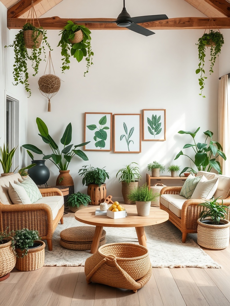 A boho farmhouse living room filled with various indoor plants, rattan furniture, a wooden coffee table, and botanical wall art.