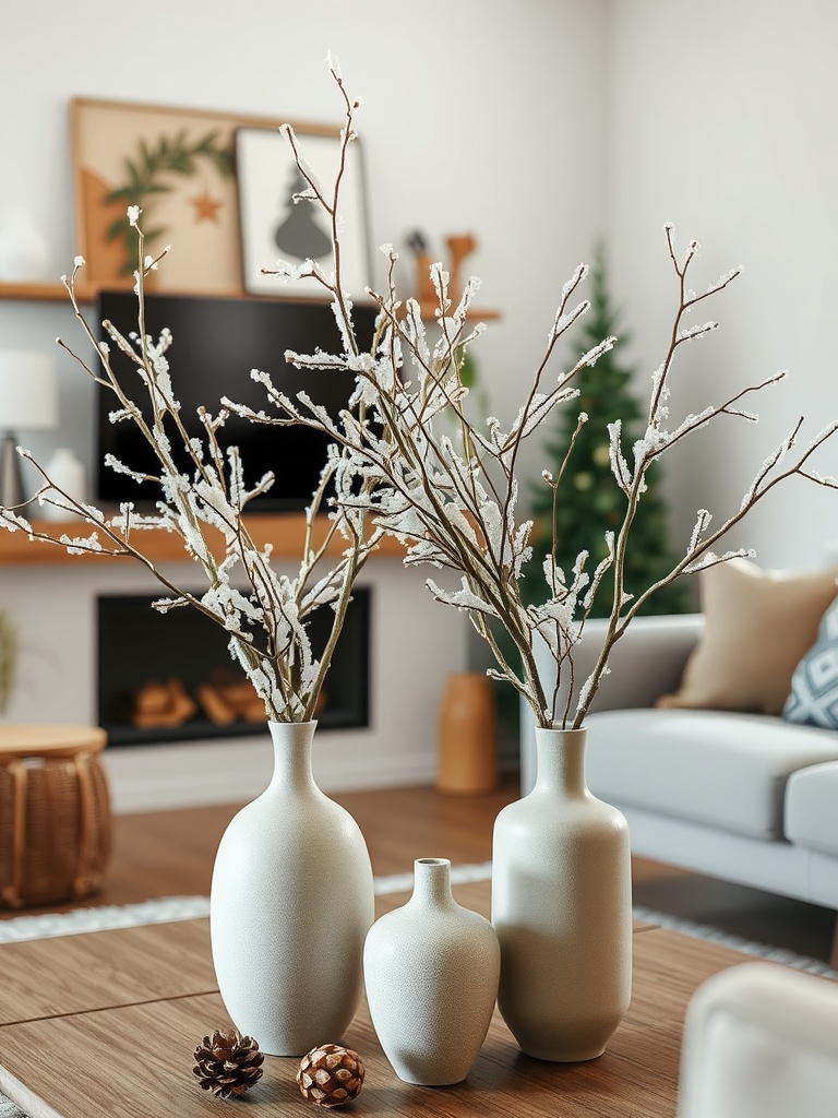 A cozy modern living room featuring faux snow branches in vases, a plush sofa, and a coffee table.