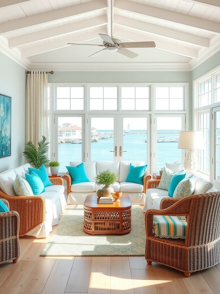 A bright and airy living room featuring turquoise accents, white sofas, and wicker furniture with a stunning ocean view.