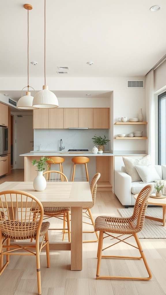 A cozy and minimalist open-plan living room in Japandi style featuring a light color palette, wooden furniture, and natural elements.