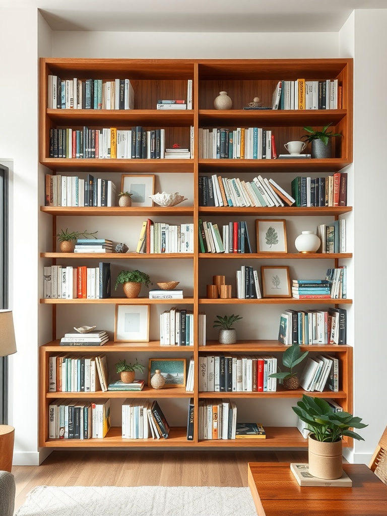 A modern styled bookshelf filled with books and decorative items in a cozy living room.