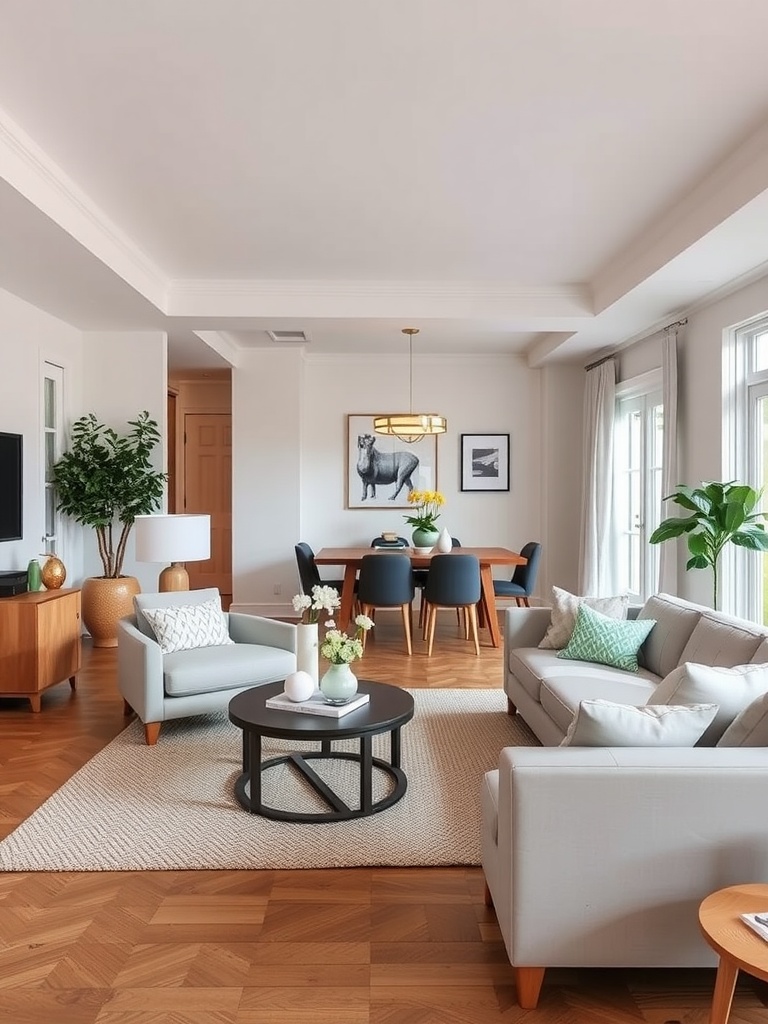 A stylish living room and dining room combo featuring light gray sofas, a round coffee table, and a dark wood dining table with modern chairs.