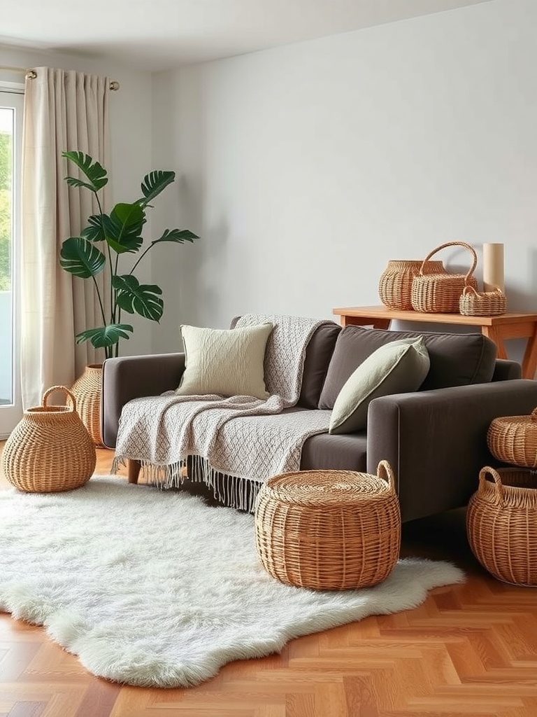 A mid-century modern living room featuring a brown sofa, fluffy white rug, woven baskets, and a green plant.