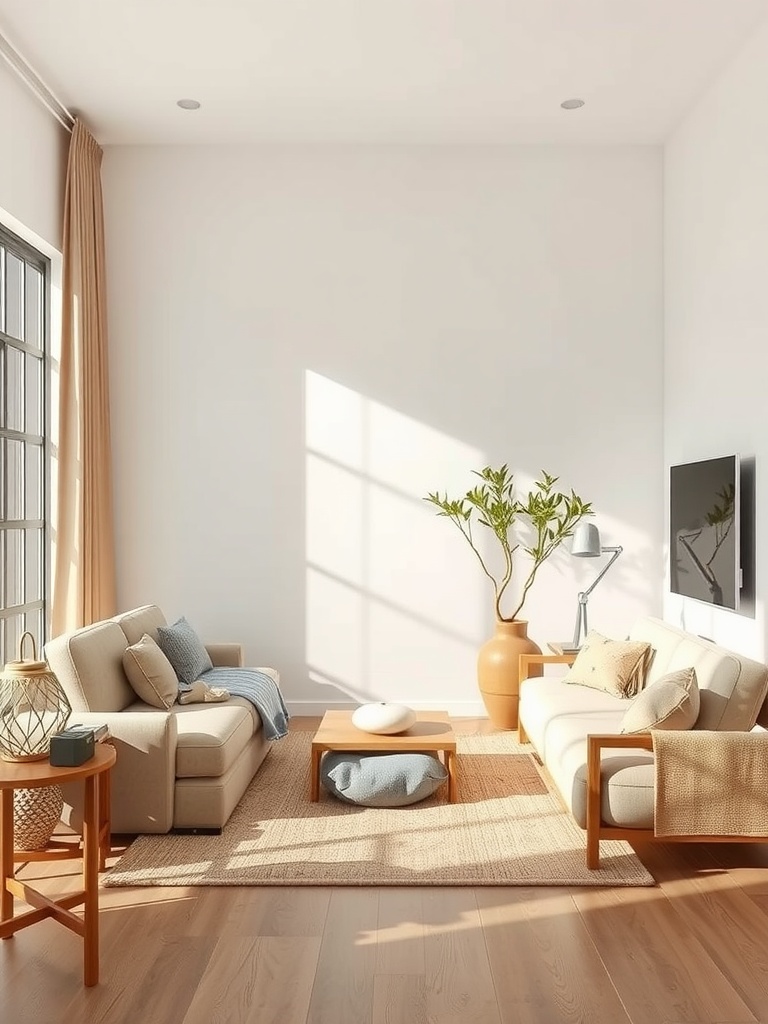 A minimalist earthy living room featuring beige sofas, wooden furniture, and a touch of greenery in a bright and airy space.