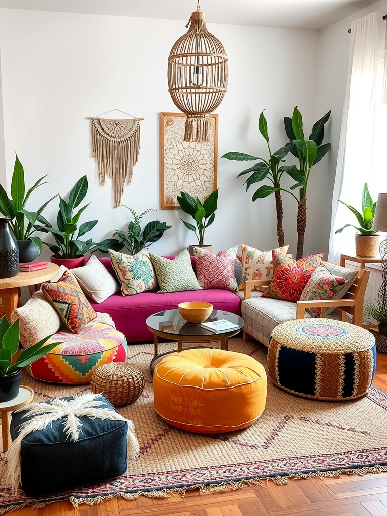 A colorful bohemian living room featuring various poufs, vibrant pillows, and lush plants.