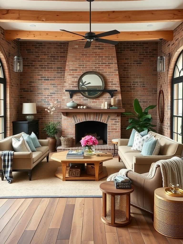 A rustic living room featuring exposed brick walls, wooden beams, and stylish furniture, blending farmhouse charm with chic design.