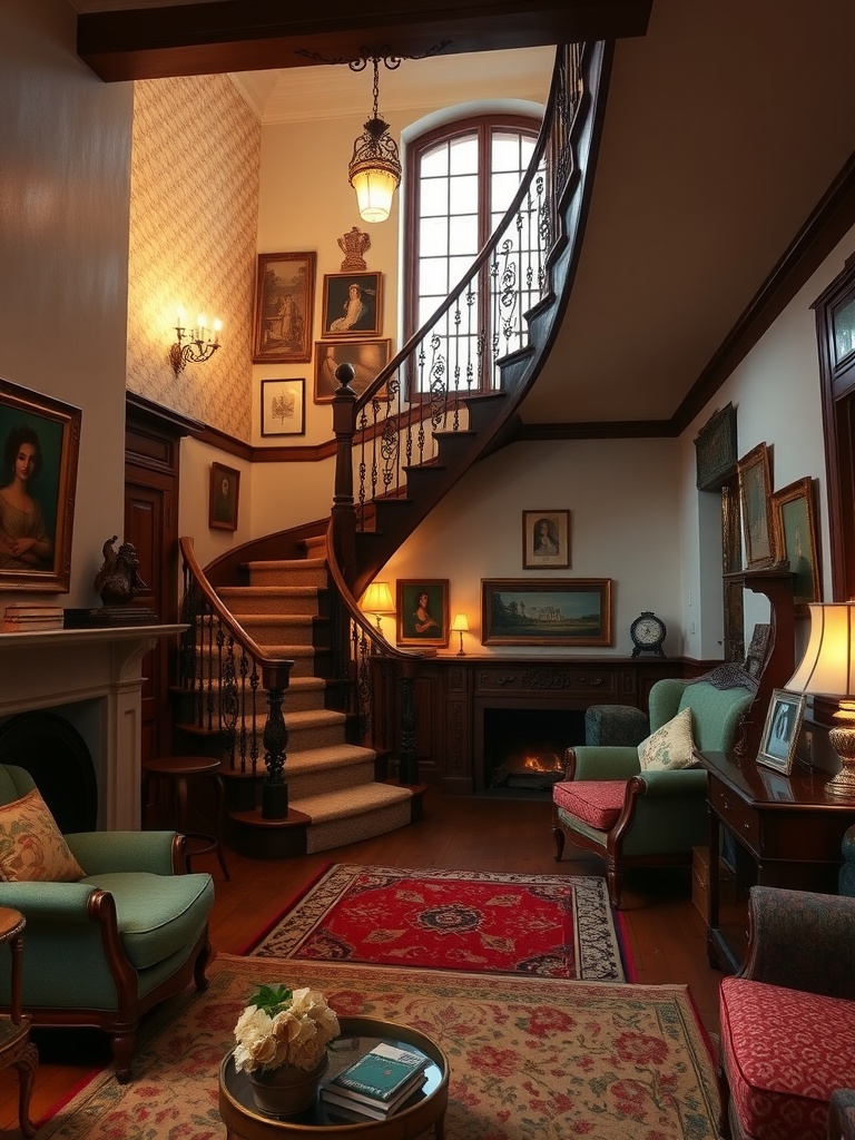 Elegant living room featuring a winding staircase, warm color palette, and cozy furnishings.