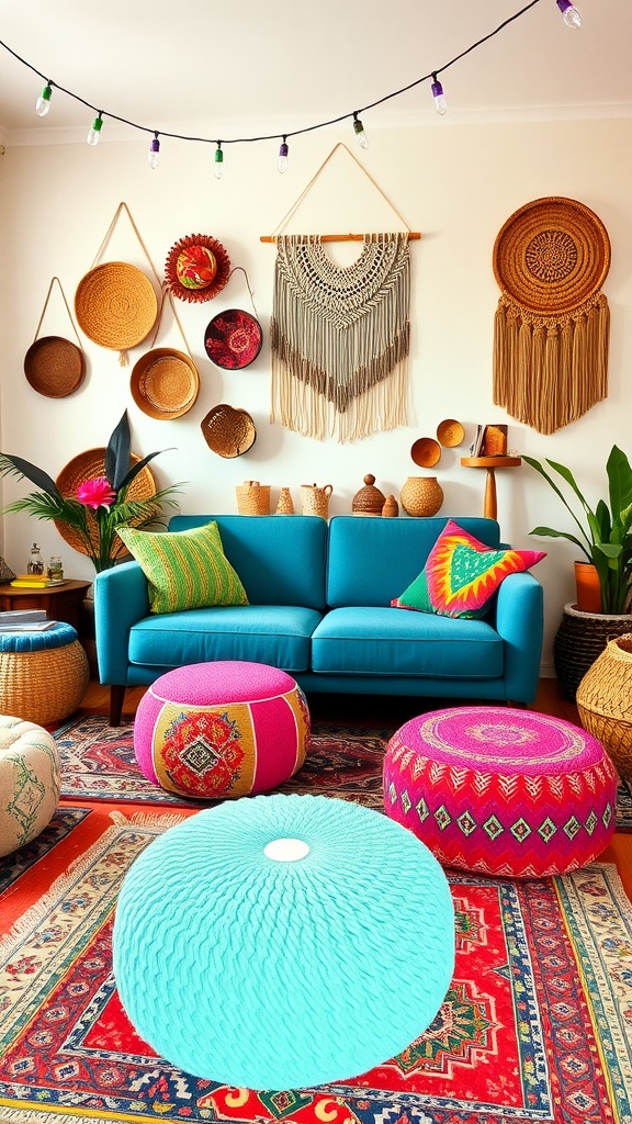 A vibrant boho living room with colorful poufs, a teal sofa, and woven decor.