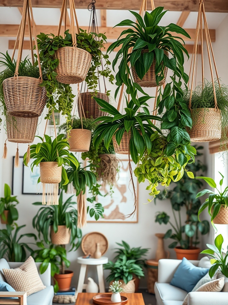 A cozy living room with hanging plant baskets from the ceiling, showcasing various green plants in wicker baskets.