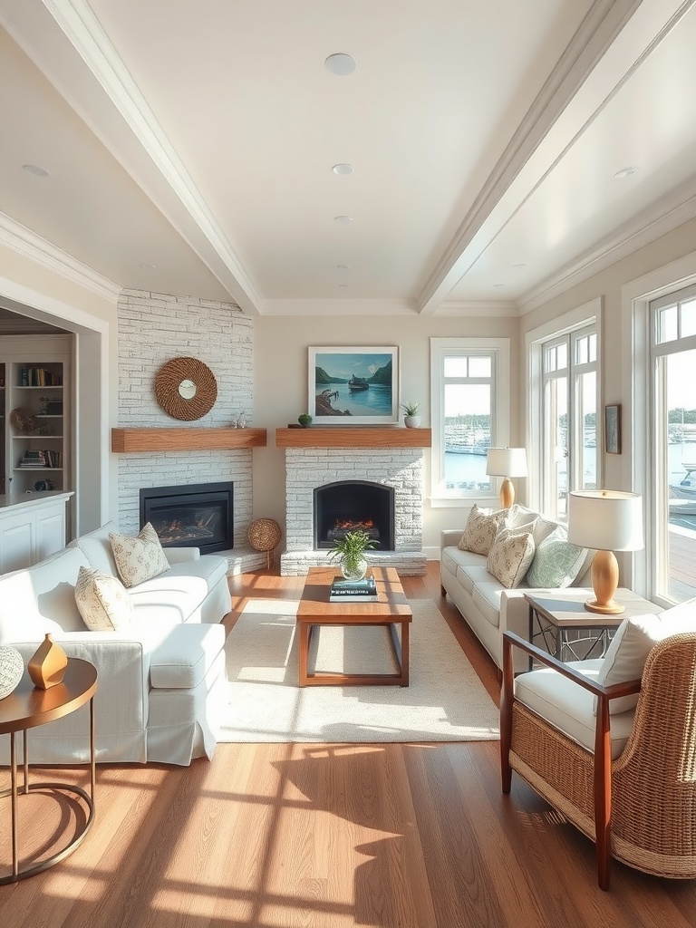 A cozy waterfront living room featuring white sofas, a wooden coffee table, and a fireplace, with large windows letting in natural light.