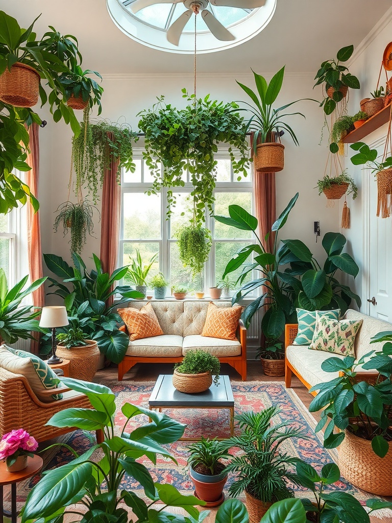 A cozy living room filled with various plants, a soft sofa, and warm decor.