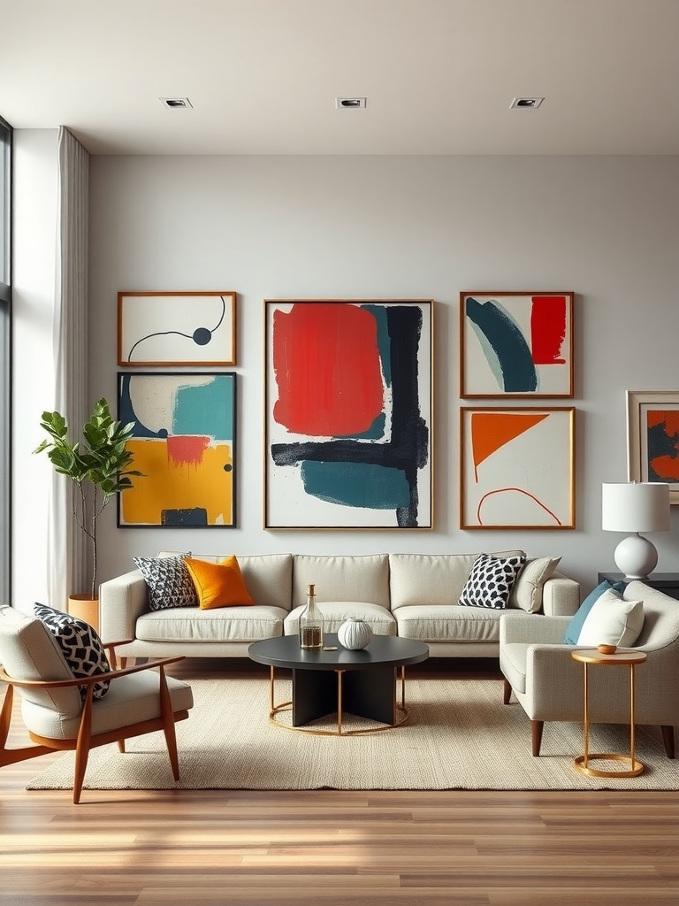 Mid-century modern living room featuring abstract art on the walls, a neutral sectional sofa, and a round black coffee table.