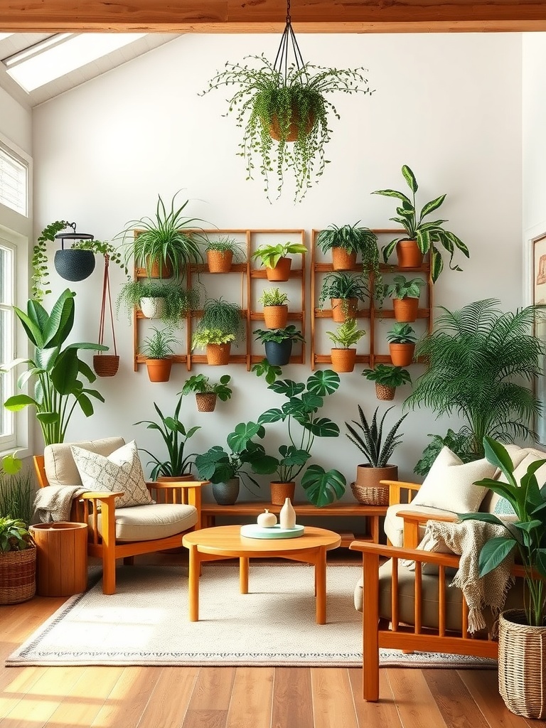 A bright living room filled with various indoor plants, featuring wooden furniture and a cozy atmosphere.