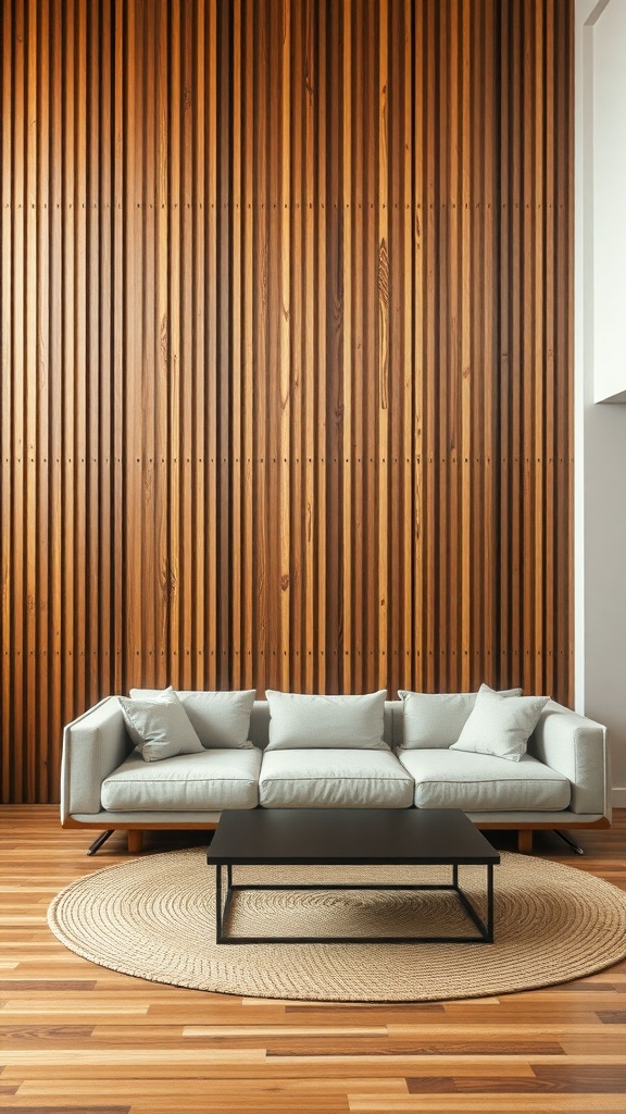 A cozy living room featuring a wooden feature wall with vertical slats, a light-colored sofa, and a round rug under a coffee table.