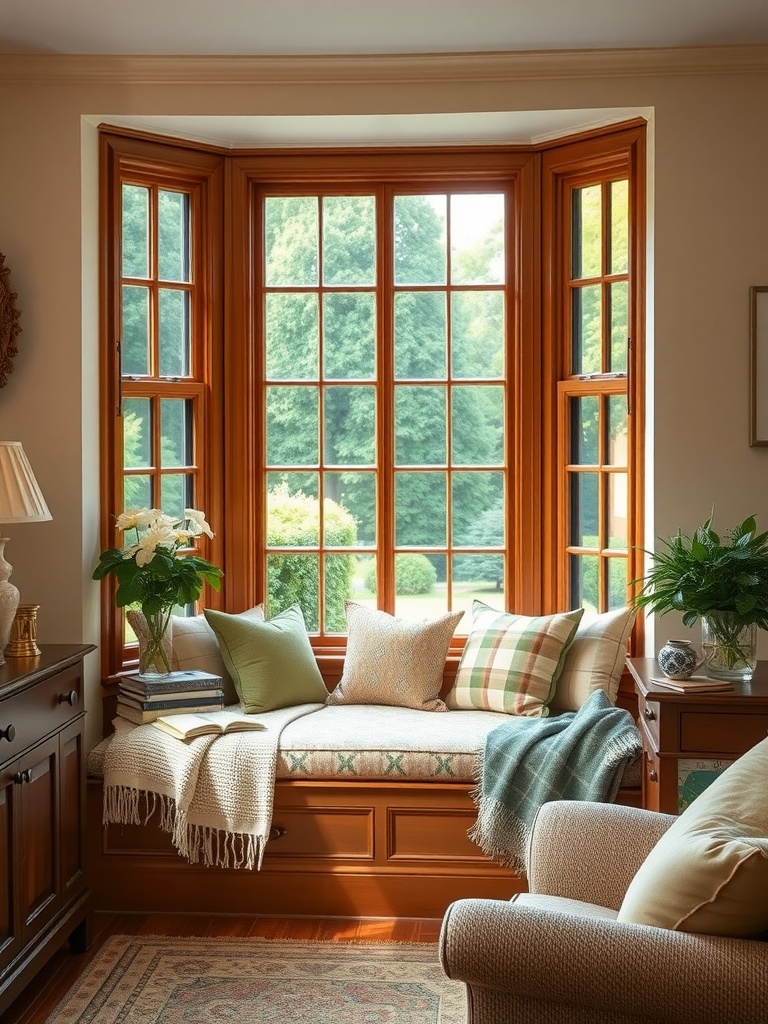 Cozy bay window with cushions and a blanket, surrounded by plants and a colorful rug.