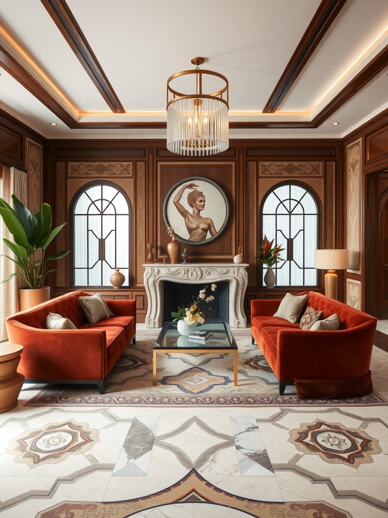 Art Deco style living room with orange sofas, wooden paneling, fireplace and decorative flooring.