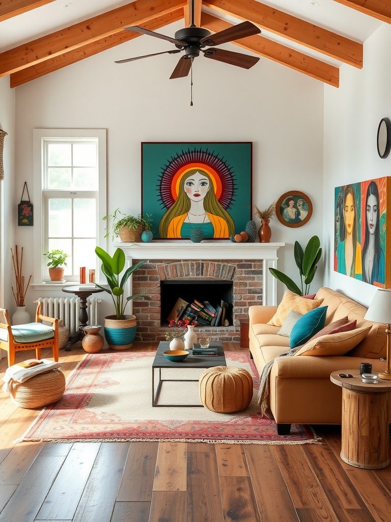 A boho farmhouse living room with colorful artwork, a cozy sofa, and warm wooden accents