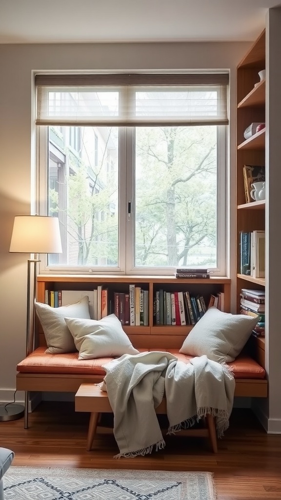 Cozy Japandi reading nook with window seat, cushions, and bookshelves