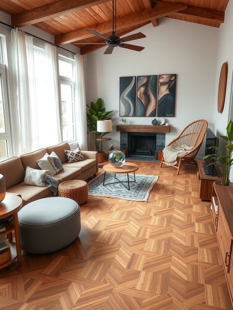 A stylish living room featuring geometric wood flooring, a cozy sofa, modern artwork, and plants.