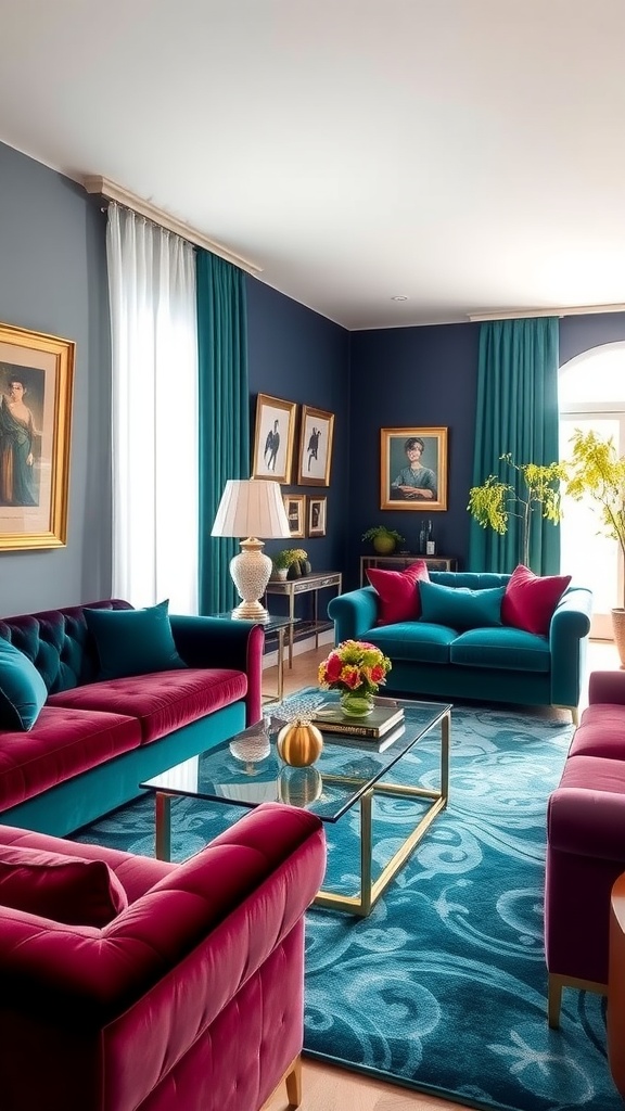 A stylish living room featuring jewel-toned velvet sofas in teal and burgundy, complemented by artistic wall frames and a glass coffee table.