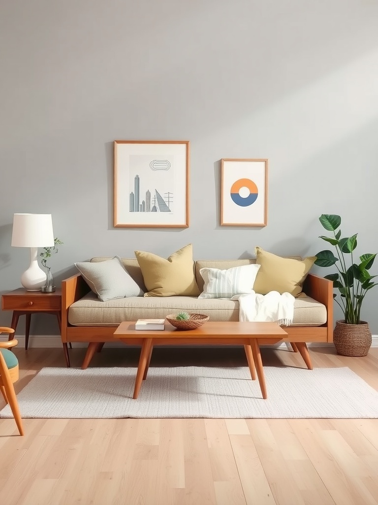 A stylish mid-century modern living room with a daybed, featuring wooden furniture, decorative pillows, and wall art.