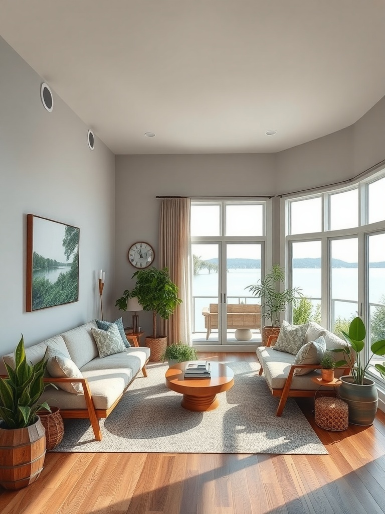 A cozy waterfront living room featuring large windows, plants, and a mix of green, white, and brown tones.