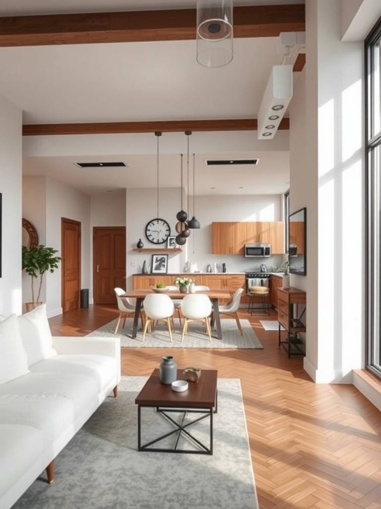 Open concept living and dining area showcasing a modern design with wooden accents and ample natural light.