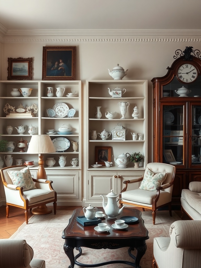 Elegant English living room featuring a collection of porcelain displayed on shelves, with cozy seating and artwork.