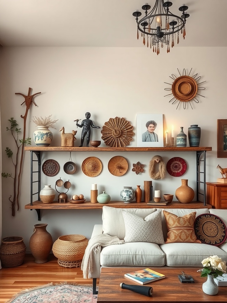 A cozy boho living room with a wooden shelf displaying various artisan crafts, including pottery and woven baskets, complemented by a light-colored sofa.