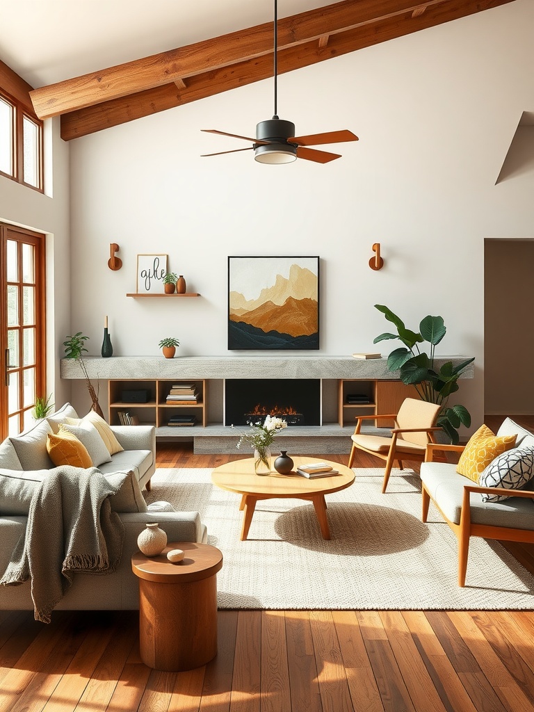 Mid-century modern living room with wooden beams, large windows, cozy furniture, and earthy decor.